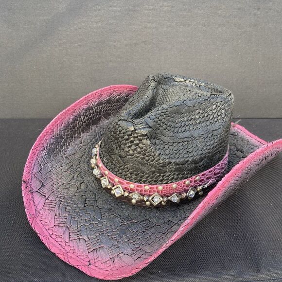 Down & Dirty Custom Straw Cowboy Hat Black Pink Studded Womens Embellishment - Picture 1 of 2